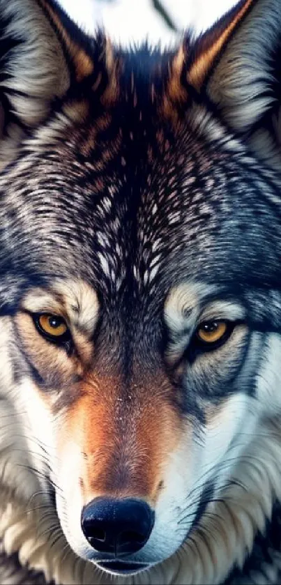 Majestic wolf staring intently, showcasing striking fur patterns.