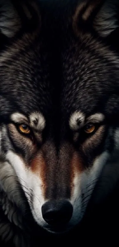 Majestic wolf with focused gaze on dark background.