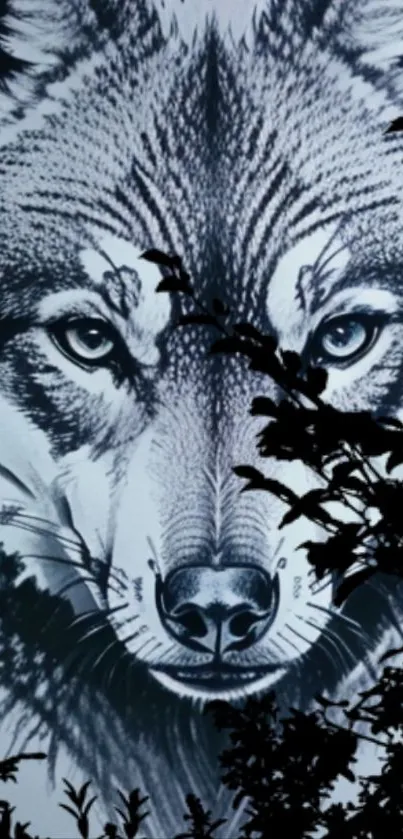 Majestic wolf's face with silhouetted leaves in artistic style.