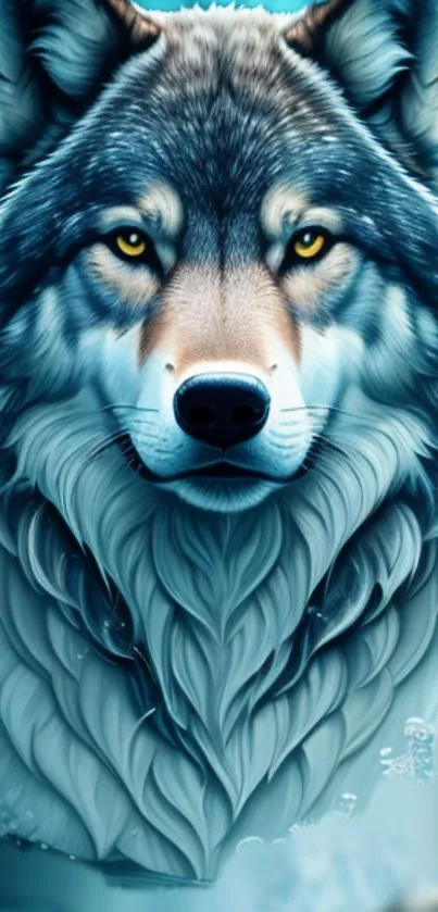 Majestic wolf portrait with blue background in mobile wallpaper.