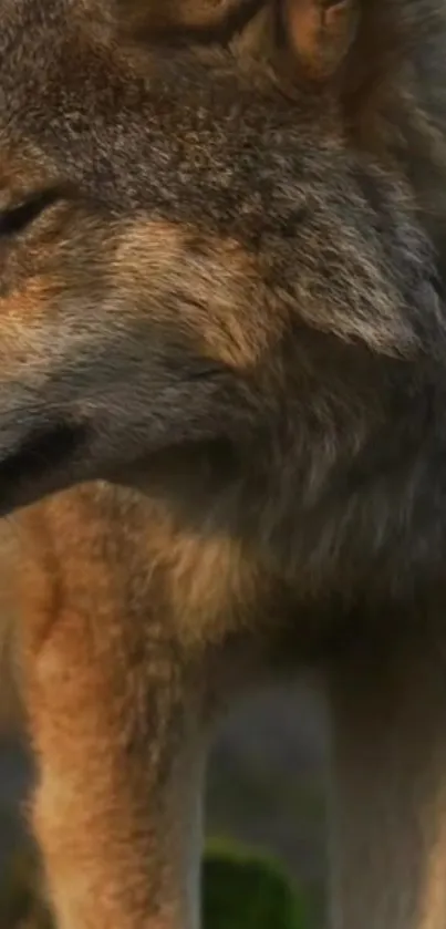 Close-up of a majestic wolf in earthy tones.