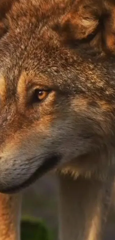 Close-up shot of a majestic wolf with brown fur and golden eyes.