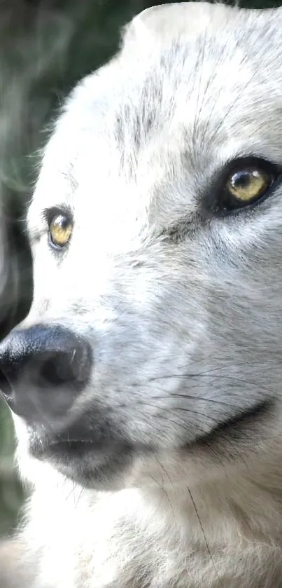 Close-up of a majestic wolf face in nature, focused expression.