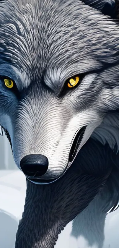 Majestic wolf with yellow eyes on a snowy background.