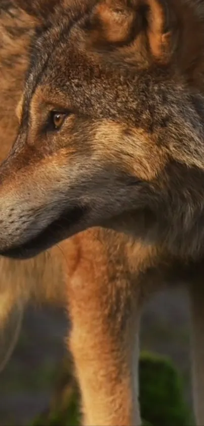 Close-up of a majestic wolf in a natural setting on mobile wallpaper.