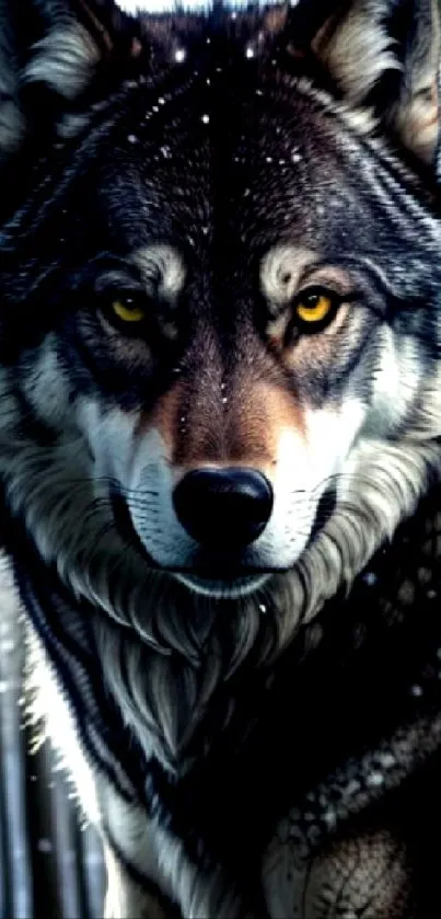 Digital art of a wolf in a snowy forest with glowing eyes.