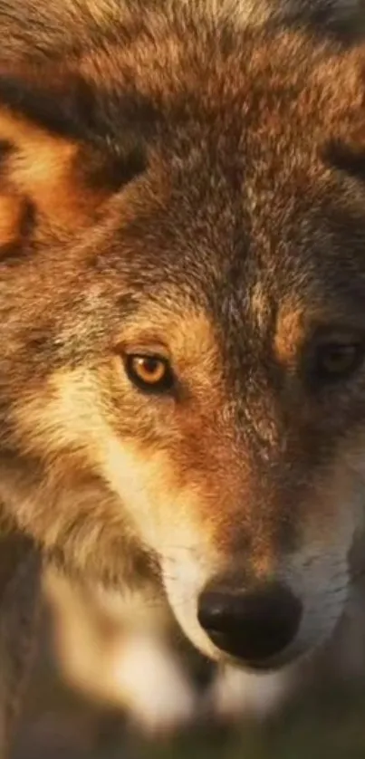 Close-up of a majestic wolf with amber eyes.