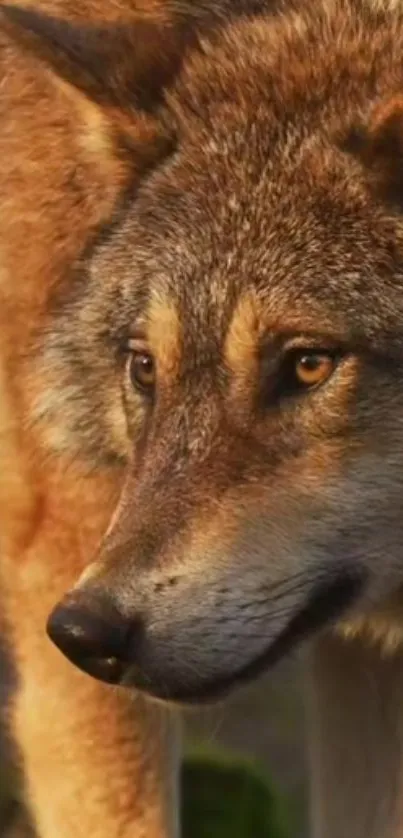 Close-up of a majestic wolf in natural lighting for mobile wallpaper.