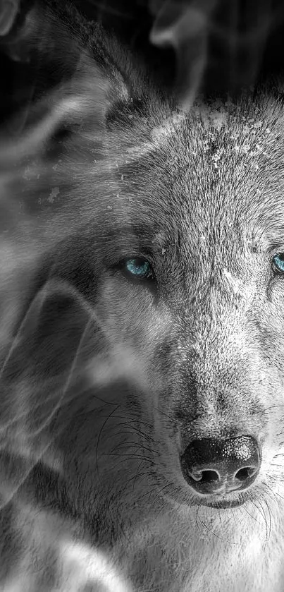Majestic wolf with blue eyes on a dark mobile wallpaper.