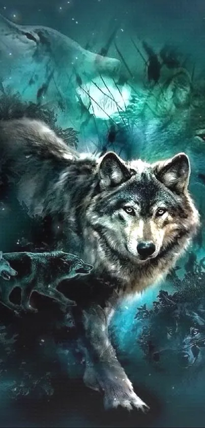 Majestic wolf pack in a mystical forest theme on mobile wallpaper.