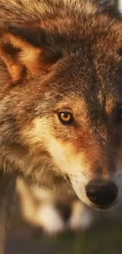 Close-up of a majestic wolf gazing intensely with a stunning natural background.