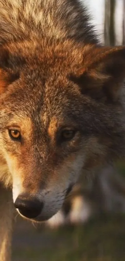 Close-up of a majestic wolf with piercing eyes in a natural setting.