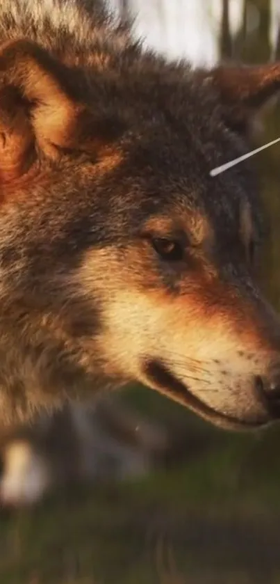 Close-up of a majestic wolf staring intently in a natural forest setting.