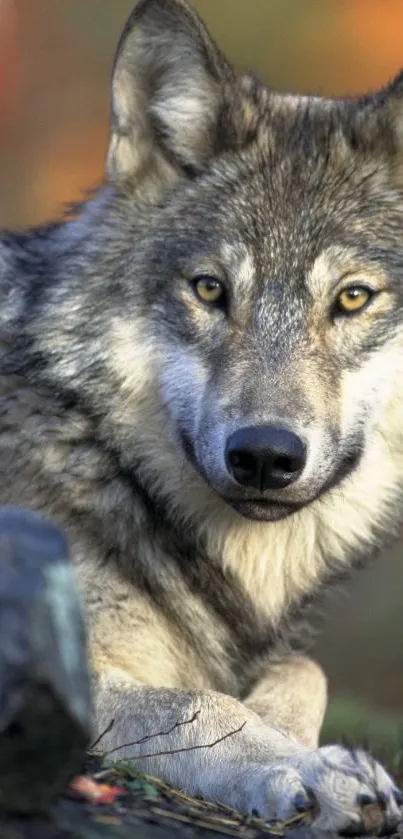 Majestic wolf resting in serene forest landscape.