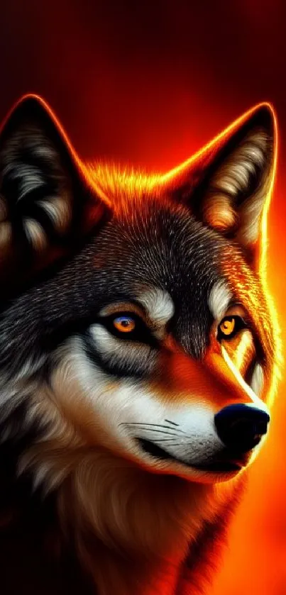 Fiery wolf portrait with vivid orange glow.