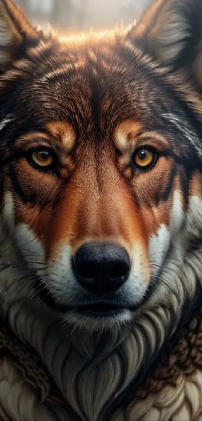 Majestic wolf staring intensely in vibrant mobile wallpaper.