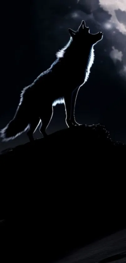 Silhouette of a wolf howling at the moon in a dark, mystical night scene.