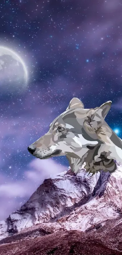 Wolf and moon over purple mountain nightscape wallpaper.