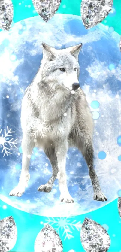 Majestic wolf stands by full moon with snowflakes.