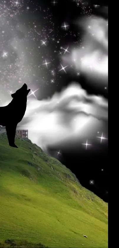 Silhouette of a wolf howling at the moon on a grassy hill under a starry sky.