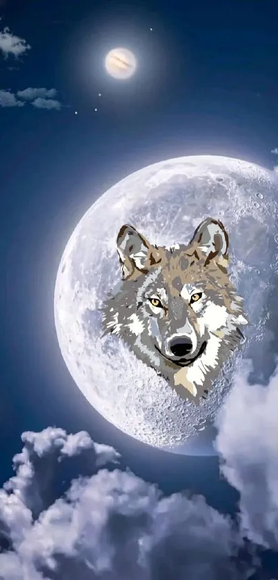 Wolf emerges from the moon under a cosmic night sky.