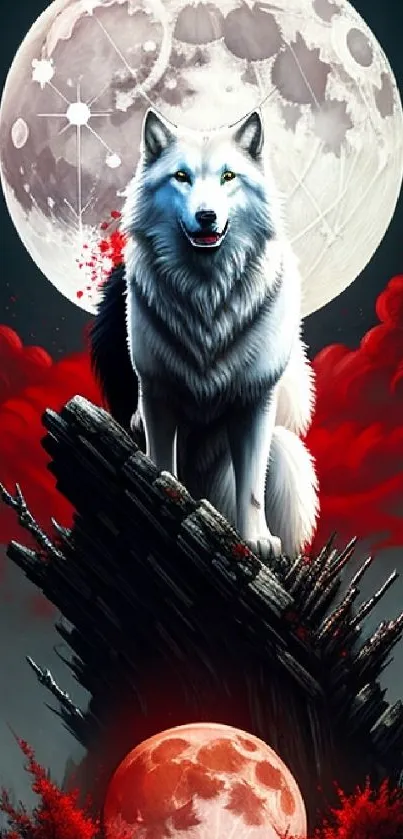 Wolf standing beneath a bright moon with red clouds in the night sky.