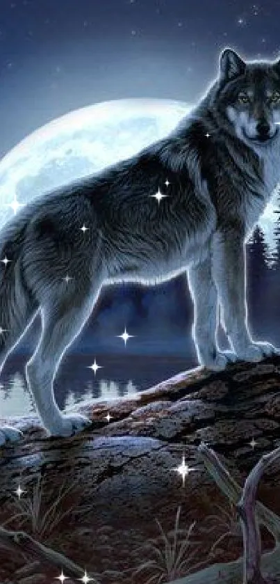 Majestic wolf stands on rock under moonlit forest scene.