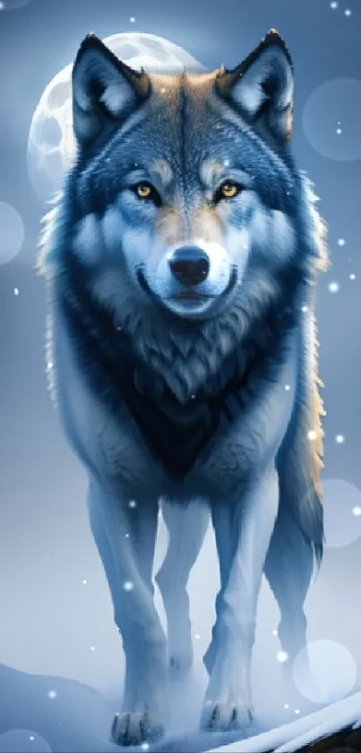 Majestic wolf under moonlight on snowy landscape, perfect for mobile wallpaper.