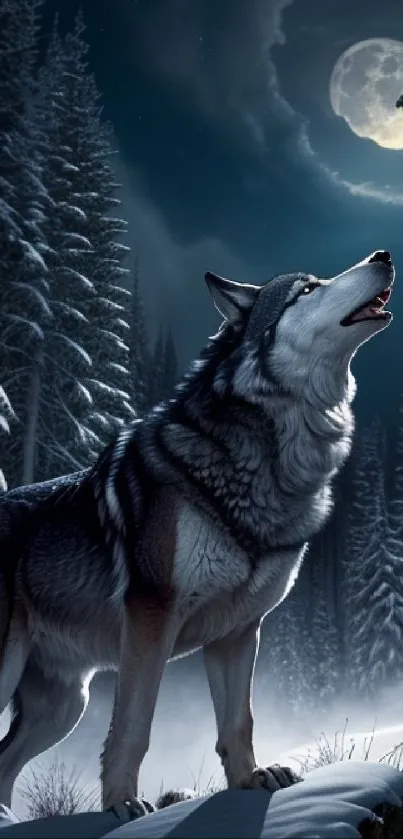Wolf howling under a moonlit sky with snow-covered trees in a forest.