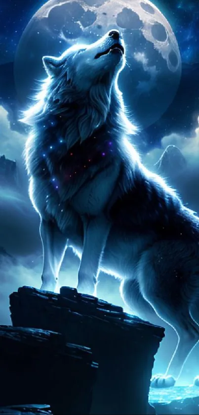 A majestic wolf howls beneath a glowing full moon in a starry night sky.