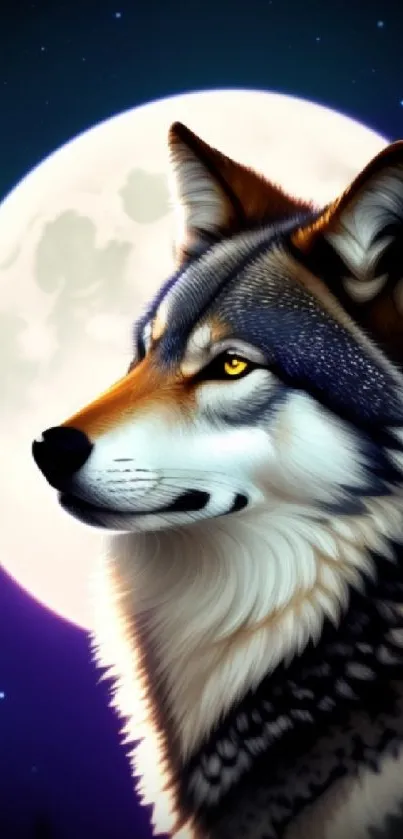 Majestic wolf in moonlight forest wallpaper scene.
