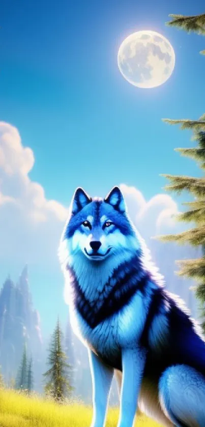 Majestic wolf in a moonlit forest background.