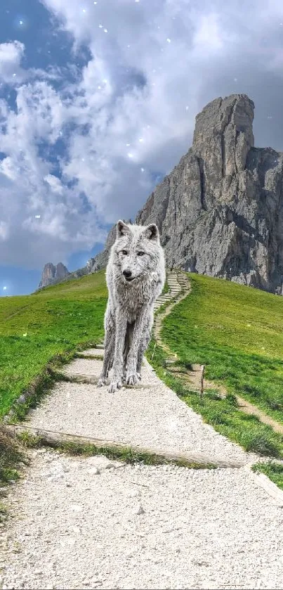 Wolf standing on scenic mountain path under blue sky.