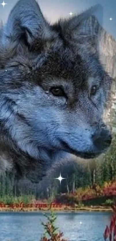 Majestic wolf head against mountain and lake scenery.