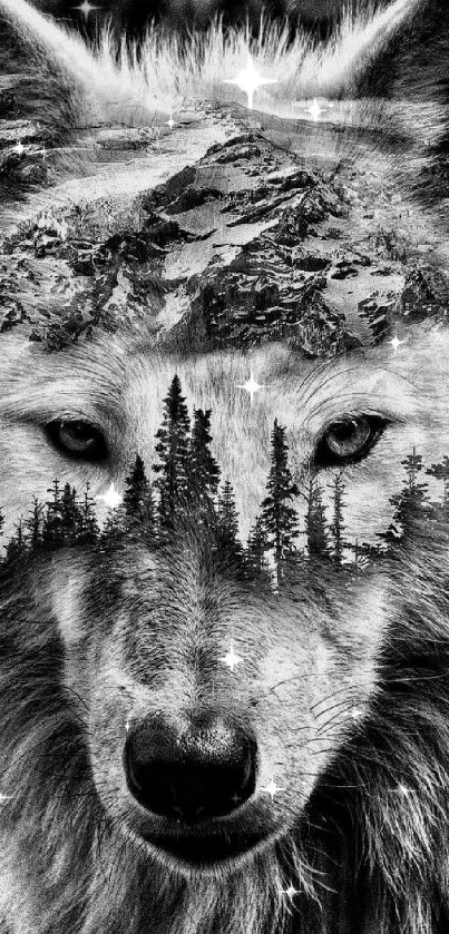 Black and white wolf with mountain and forest overlay design.