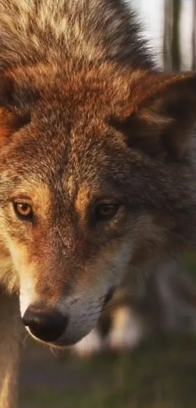 Close-up of a majestic wolf in a natural setting, showcasing its striking fur.