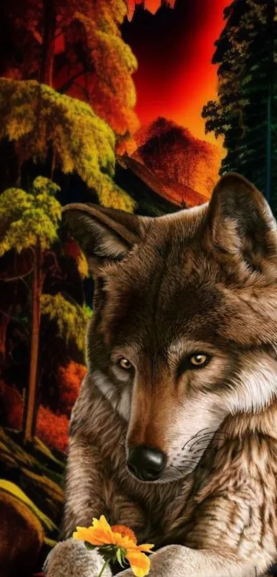 Majestic wolf in a vibrant forest with colorful trees and rich details.