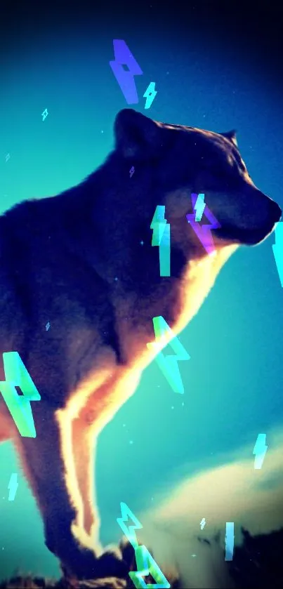 Neon-lit wolf in the wild with digital enhancements.