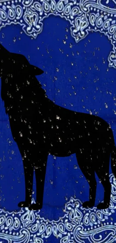 Wolf silhouette on a blue patterned background with white details.