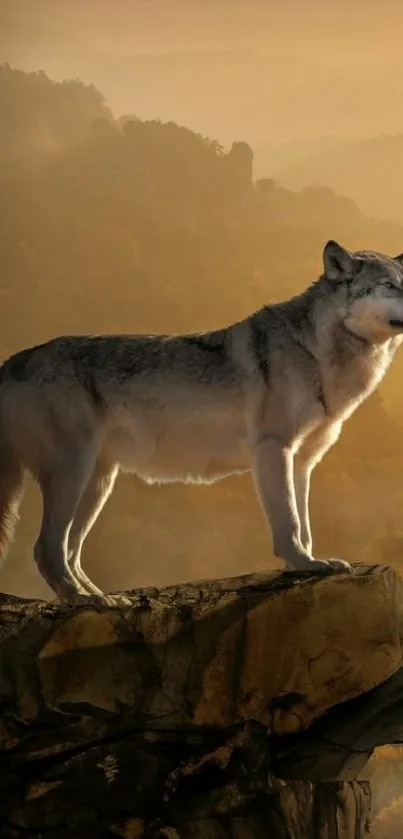 Majestic wolf standing on a cliff at sunset, with a warm beige sky.