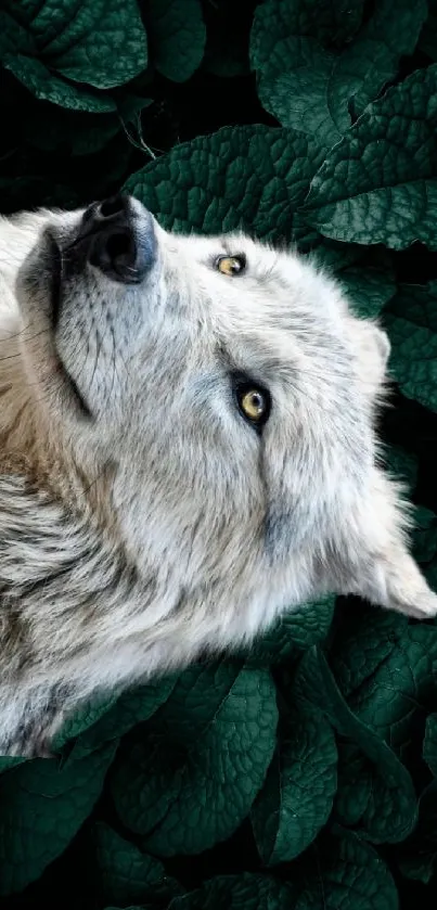 Majestic wolf against lush green leaves background.