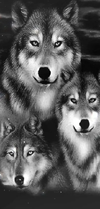 Grayscale wallpaper featuring a majestic wolf pack.