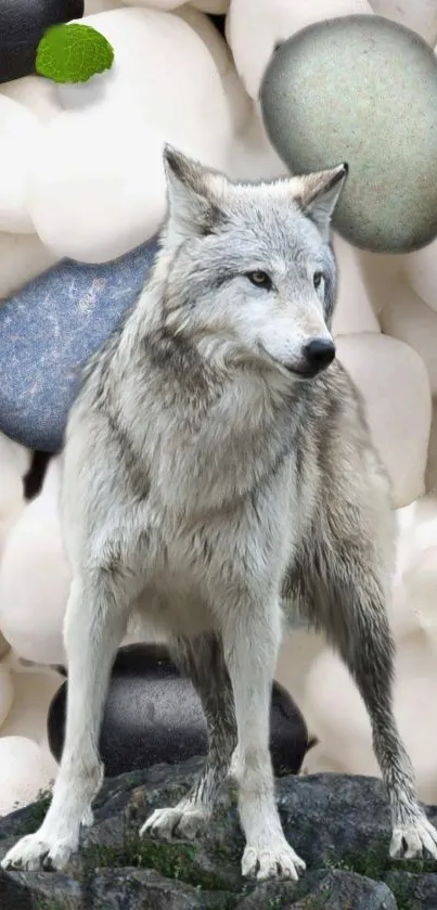 Grey wolf standing among artistic pebbles.