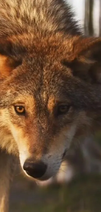 Close-up of a majestic wolf with amber eyes set against a natural background.