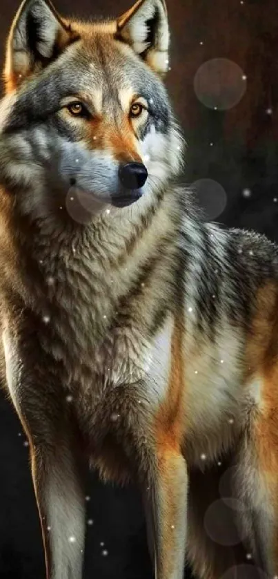 Majestic wolf on a dark, textured background for phone wallpaper.