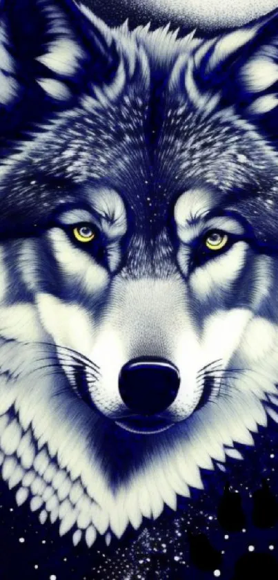 Majestic wolf with intense gaze in deep blue tones as phone wallpaper.