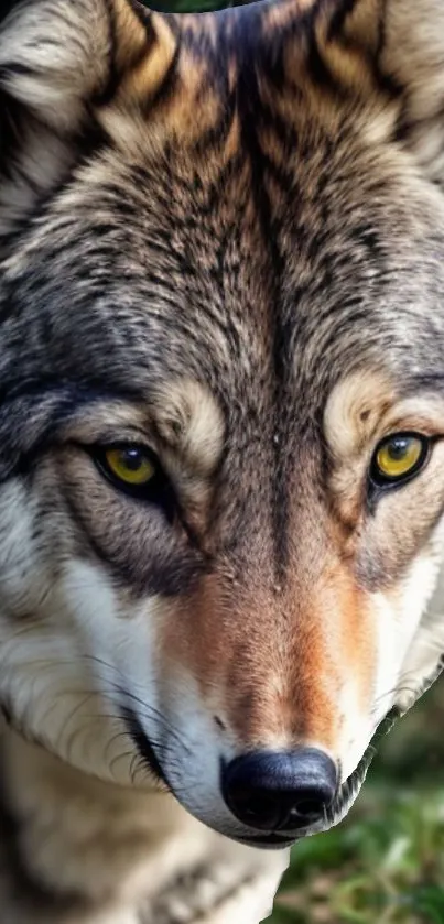 Close-up of a majestic wolf with piercing gaze on a phone wallpaper.