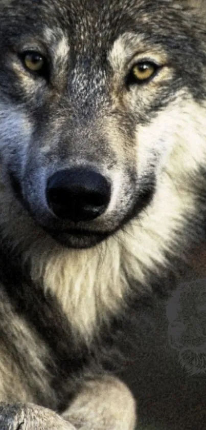 Close-up of a majestic wolf with striking eyes in a natural setting.