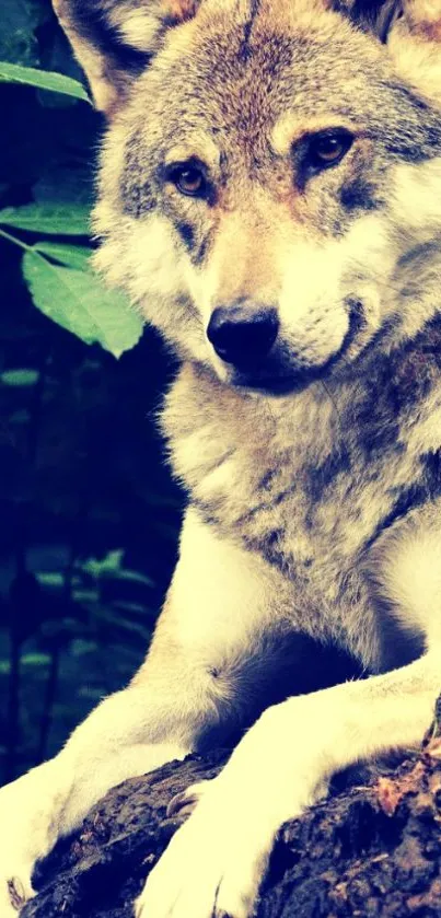 Majestic wolf sits on a log in a forest, with lush greenery around.