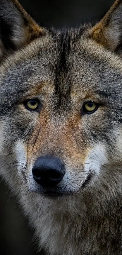 Close-up of a majestic grey wolf in a dark natural setting.